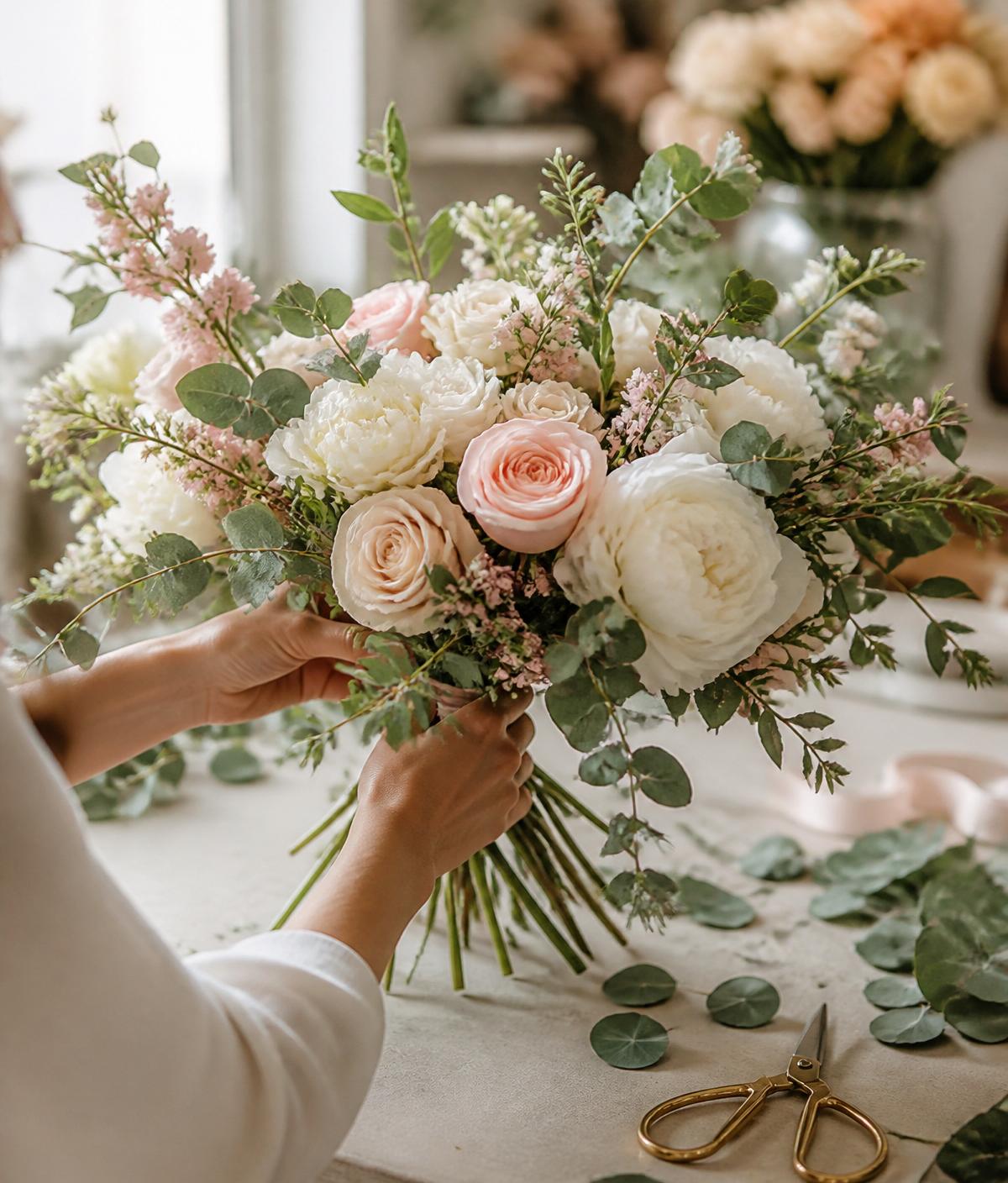 Floristka při tvorbě ručně vázané kytice
